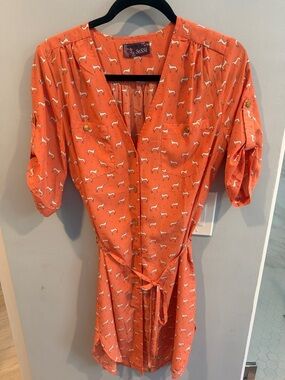 Coral Mini Shirt Dress with Dog Print